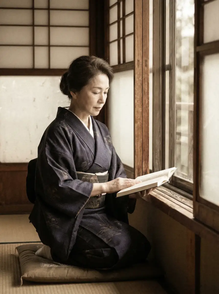 一位优雅的五十岁 45战歌电影网 身穿深蓝色和服，在窗边静读